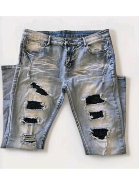 Upcycled Handmade Patchwork Sequins Jeans Mens 36x32 Embellished